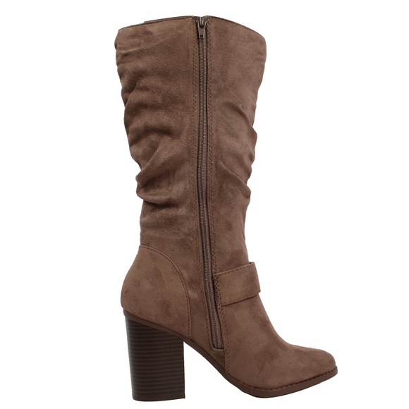 Taupe Faux Suede Slouchy Stacked Heel Knee High Bo - Picture 3 of 6